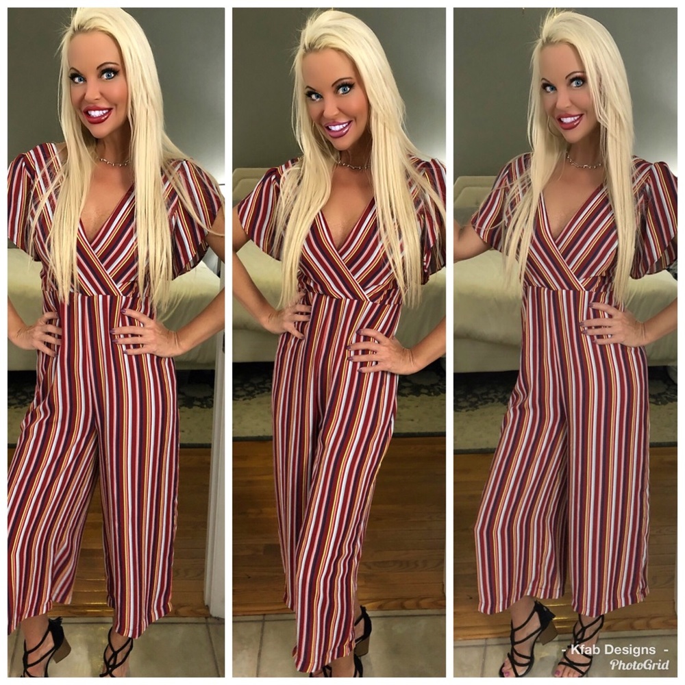 🥰RED Striped Back Tie Cropped Wide Leg Jumpsuit! - Picture 6 of 8